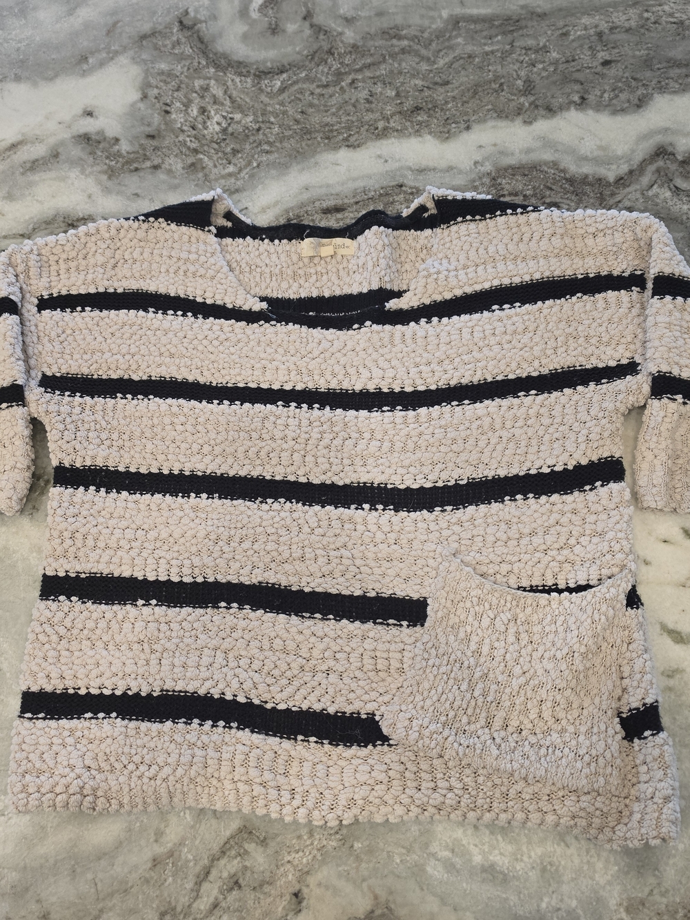 Rewind Cream & Black Striped Bouclé Crew Sweater with Pocket